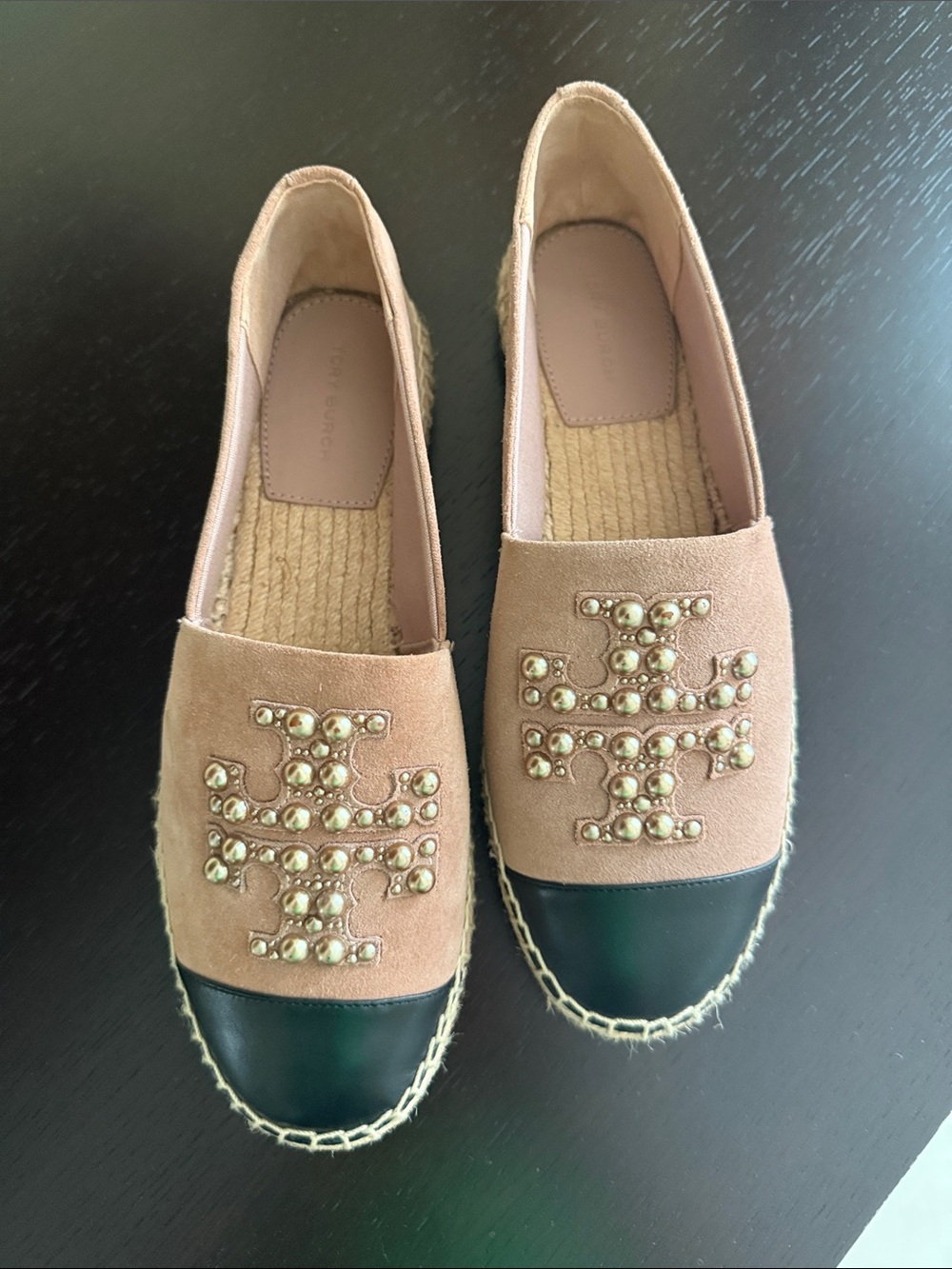 Tory Burch Espadrille Flats with Pearls logo Size 8.5